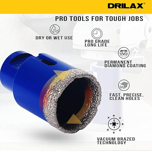 Drilax Pro Series 1-1/2 Inch Diamond Hole Saw for Angle Grinders | 1-3/8" Depth | 5/8"-11 Thread | Ideal for Shower Valves, Handles, Drain Pipes & Dry Drilling | Long Life