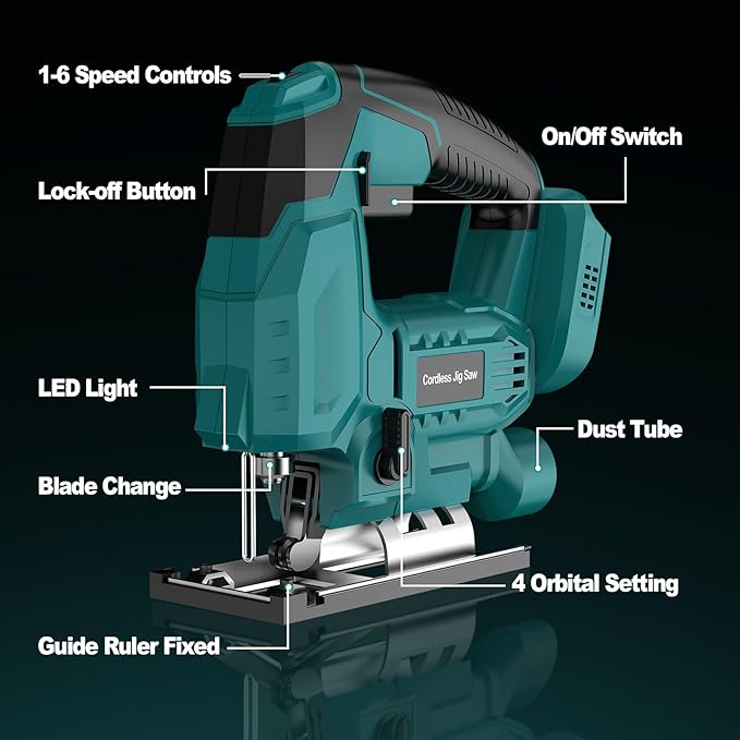 Jigsaw, Cordless Jig Saw Tool for Makita 18V Battery, Varible Speed, with LED Light, 0°-45° Bevel Cuts, 3-Position Orbital Jigsaw for Wood/PVC/Metal Cutting (Tool Only)