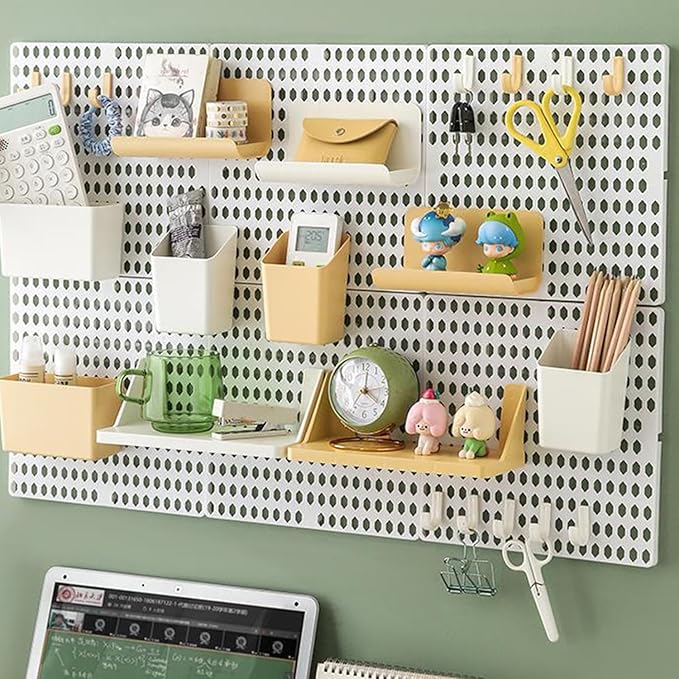 PegBoard Wall Organizer, Plastic Wall Pegboard Kit, 2 White Pegboard and 10 Pegboard Accessories, Wall Mount Pegboard with Hooks, Wall Display Peg board for Home and Office, 19.5” x 9.5”