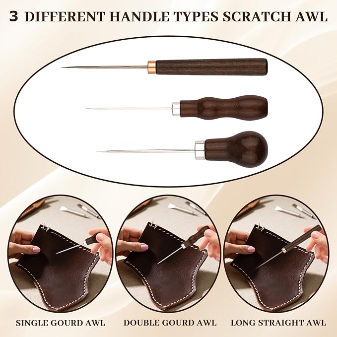 9 PCS Leather Awl Tool Set - Professional Punch & Stitching Awl Tool, Gourd Shape Handle Punch Tools, Scratch Awls Sewing Tool for Leathercraft, Shoe Repair, DIY Sewing & Woodworking