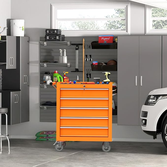 5-Drawer Rolling Tool Chest Toolbox, Rolling Tool Box with Wheels, Tool Chest with Keyed Locking System and Drawer Liners, Tool Box Organizer for Garage, Warehouse, Workshop(Orange)