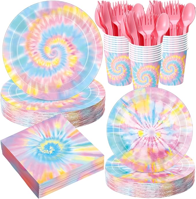 Pickmesh 400 Pcs Tie Dye Party Supplies Set Pastel Include Disposable Paper by Pickmesh