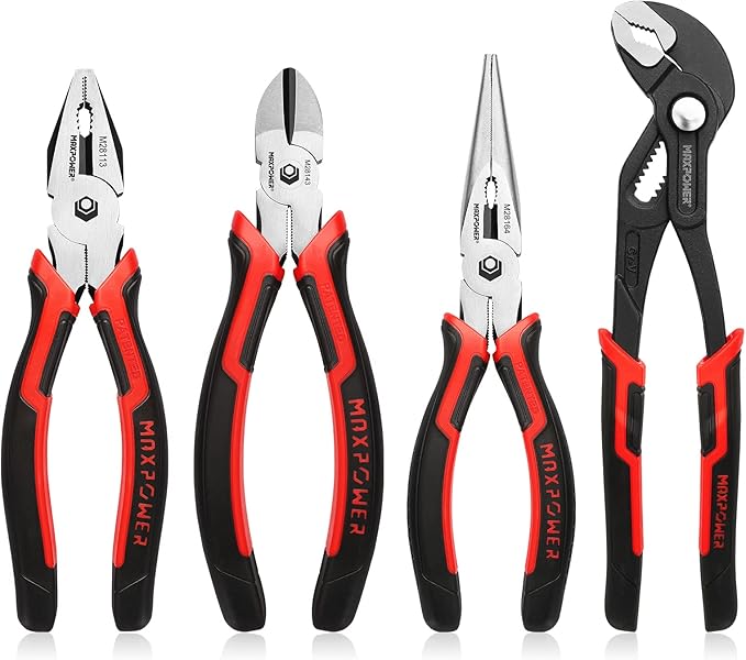 MAXPOWER 4-Piece Pliers Set: 8" Lineman, Diagonal Cutters, Needle Nose, 10" Water Pump Pliers