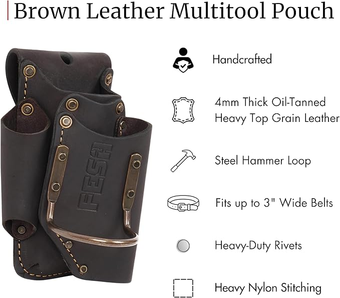 FESA Small Leather Tool Pouch - 5-in-1 Heavy Top Grain Leather Small Tool Pouch with a Steel Hammer Loop, 4 Pockets & Reinforced Heavy Duty Rivets - Fits Belts up to 3" - Handcrafted