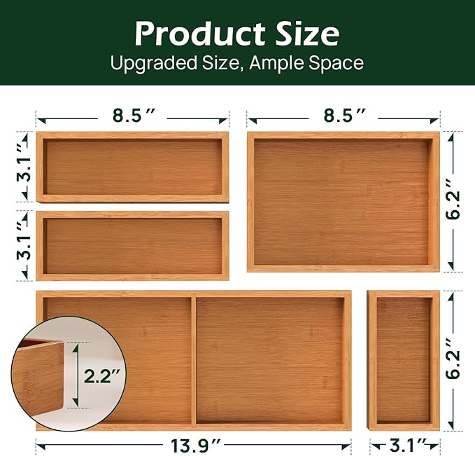 5-Piece Bamboo Drawer Organizer Set, 2.2" Deep | Multi-Use Organizers for Utensils, Silverware, Cutlery, Desk, Bathroom, Junk Drawer & Makeup, Non-Slip Feet Included.