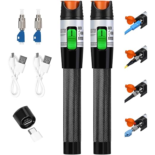 2PCS Rechargeable Visual Fault Locator 30KM Visual Fault Locator VFL Fiber Optic Tester Used for 2.5mm SC/FC/ST 1.25mm LC Interface with 2 Single Mode 9/125um FC-LC adapters Fiber Network Testing Pen