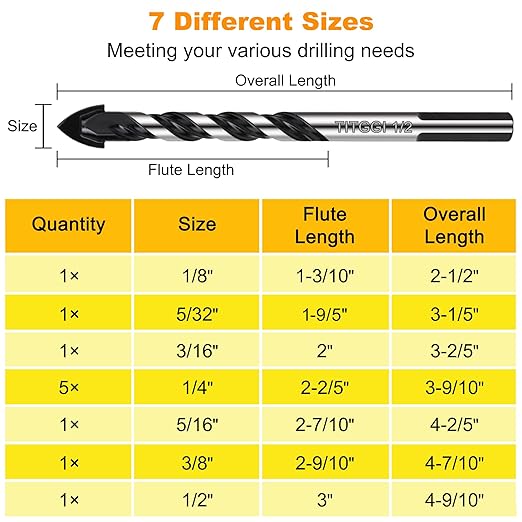 11PCS Masonry Drill Bit Set & Concrete Drill Bit Set 1/8"-1/2" Industrial Strength Carbide Drill Bit Tip for Glass/Brick/Plastic/Cement/Wood/Tile/Etc, by TITGGI