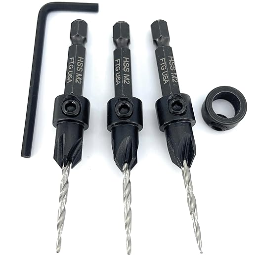 FTG USA Countersink Drill Bit Set for Wood with Tapered Drill Bit 3 Pc #4 (7/64")