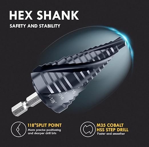 Four Sprial Flute M35 Cobalt Step Drill Bit, 1/4"-1-1/8" Ultra TiAIN Coated Unibit Step Bit, 1/4" Hex Shank Drill Bit for Metal, Stainless Steel, Aluminum, Copper, Wood, PVC