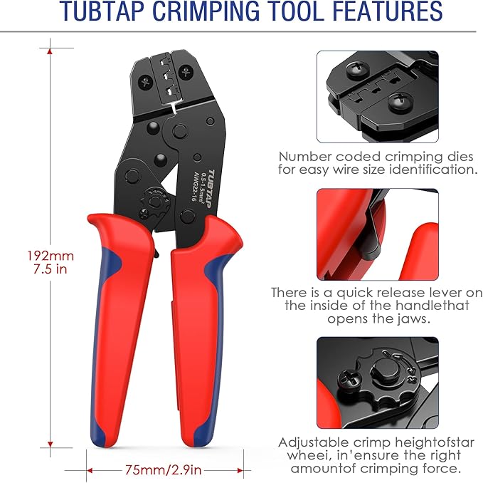 TUBTAP Spade Connector Tool 22-16 AWG Bullet Connectors - Ratcheting Wire Terminal Crimper, Wire Crimping Tool