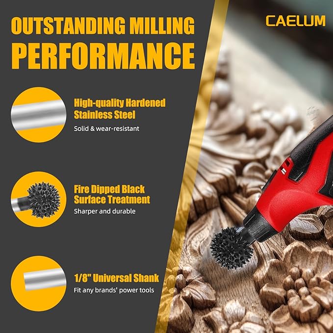 CAELUM 1 Pcs Sphere Rotary Burr Kit, 1/8" Shaft, Very Coarse - Woodworking Attachment for Dremel, Foredom, DeWalt, Milwaukee Tools, Carving Burrs for Carving Engraving in Wood, Rubber, Plastic