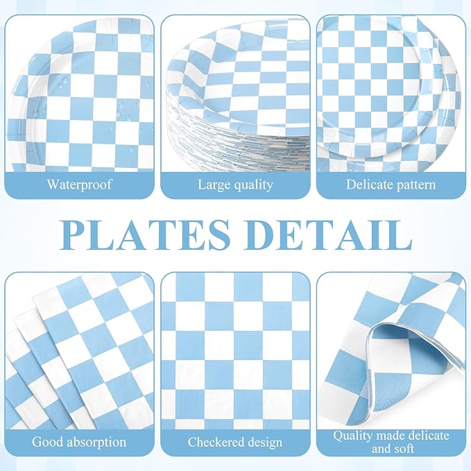 Pickmesh 400 Pcs Blue and White Checkered Party Decorations Set Light Blue - Image 2