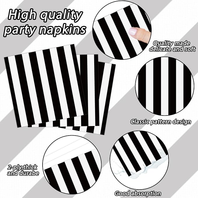 200pcs Black and White Party Plates Napkins Forks Striped Theme Party Tableware - Image 3