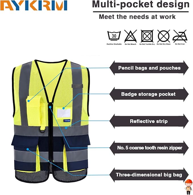 A-SAFETY High Visibility Mesh Safety Reflective Vest with Pockets and Zipper,Hi Vis Viz Reflective Safety Vest(Yellow&Navy Mesh M)