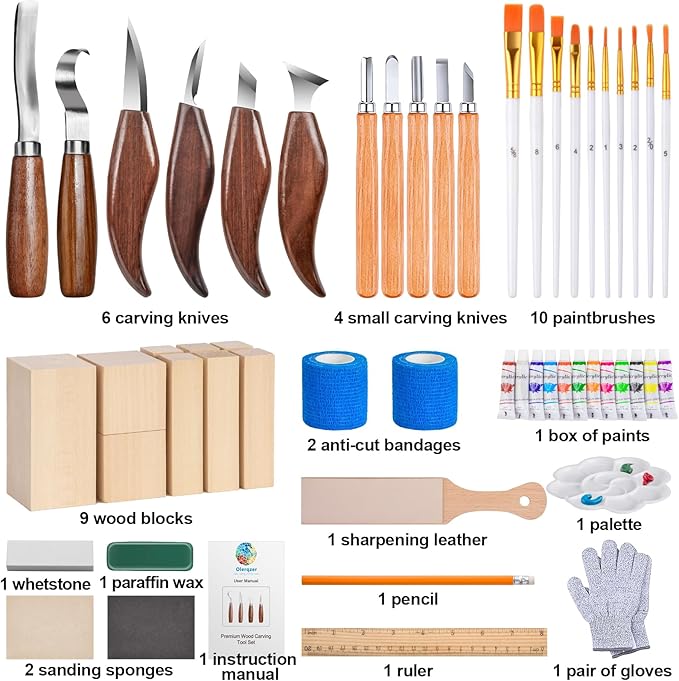 Olerqzer Deluxe Wood Carving Kit,56 PCS Wood Carving Tools Set with PU Leather Storage Bag,Carving Knives,Basswood Wood Blocks,Paint,Woodworking Widdle Gift,Complete Wood Whittling Kit for Beginners