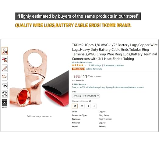 TKDMR 10pcs 8 Awg-3/8 Ring Marine Grade Copper Wire Lugs,with 3:1 Heat Shrink Tubing,UL Battery Cable Ends,Heavy Duty Cable Lugs,Tinned Copper Eyelets,Tubular Ring Terminals