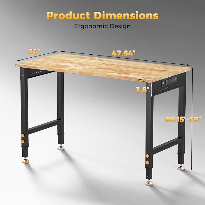 CAMMOO 48 Inch Adjustable Workbench 2000 LBS Capacity, Power Strip, Solid - Image 2