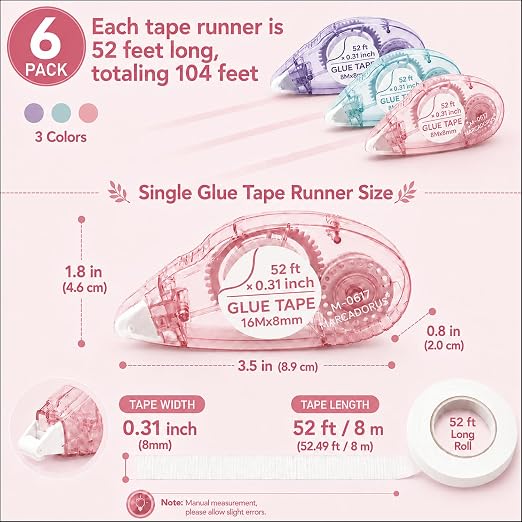 MARCADORUS Double Sided Tape Roller, Scrapbook Glue Tape 6 Pack, Extra-Long | - Image 3
