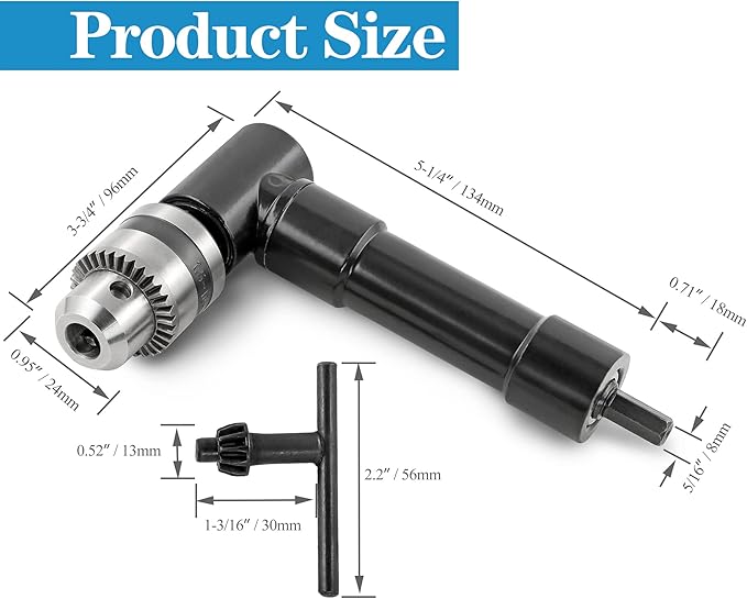 Cordless Right Angle Drill Adapter, 90 Degree Adapter Drill with 3/8" Keyed Chuck and 8mm Hex Shank Power Tool Attachment (Chuck Range: 1mm-10mm)