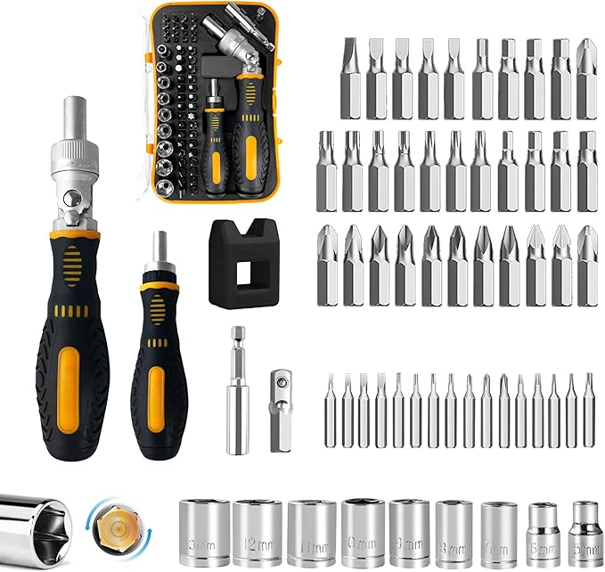 61 PCS Ratchet Screwdriver Set with Bits,Socket Wrench Set,Small Precision Screwdriver Set,Tool Set with Rotatable Ratchet Handle and Storage Case for Women, Men, DIY, Home Repair
