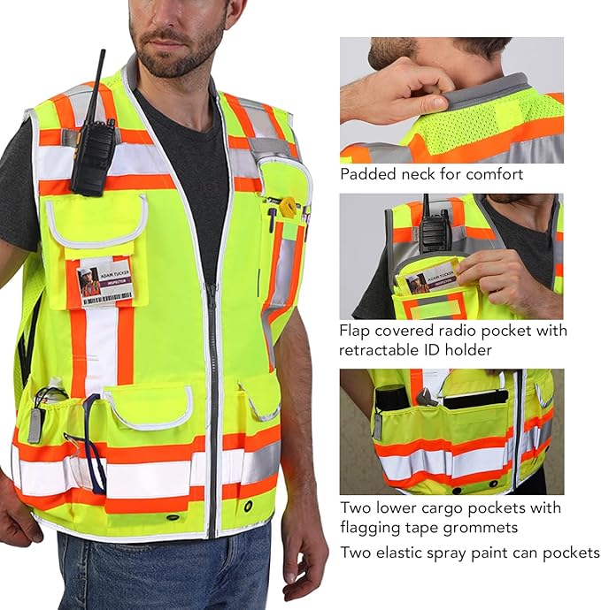 Dib Safety Reflective Vest Heavy Duty, High Visibility Two Tone Engineer Vest, Made with 3M Tape, Padded Collar, Retractable ID Pocket, Yellow L