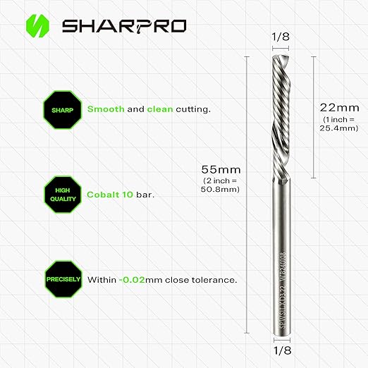 O Flute Downcut Spiral Router Bits 1/8 Inch Shank 1/8 Inch Cutting Dia. Carbide Single Flute CNC Router Bits, Ideal for Aluminum, Plastic, Acrylic, Wood, MDF and PVC