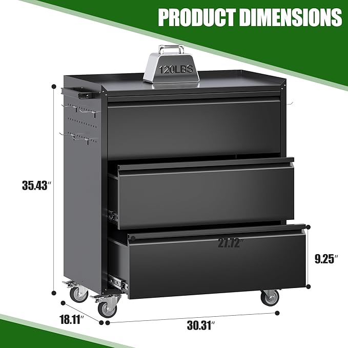 Metal Storage Cabinet with 3 Drawer and 4 Hooks,35.4" H Top Workbench Mobile Tool Chests Garage Cabinets with 4 Wheels,Tool Cabinets for Home,Office,Shop