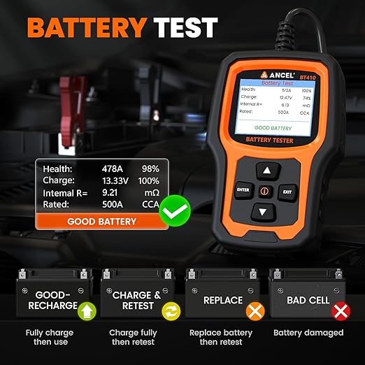 ANCEL BT410 12V Car Battery Tester for Lead-Acid & Lithium Batteries, 100-2000 CCA Automotive Battery Load Tester Health Cranking Charging Test for Car, Truck, SUV, RV, Boat