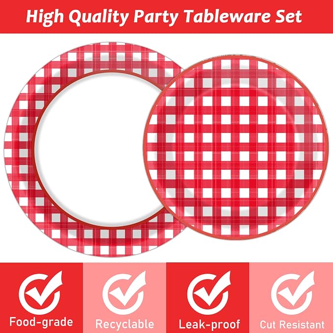 Tevxj 96 PCS Picnic Party Plates Red and White Gingham Checkered Plaid Party - Image 4