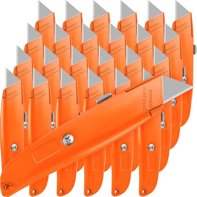 Reginary 20 Pcs Box Cutter Bulk Retractable Utility Knife Heavy Duty Aluminum Alloy Razor Knife for Cardboard Box Carton Opener for DIY, Factory, Home Office(Orange)