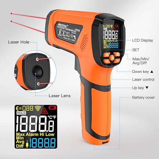 MESTEK Infrared Thermometer Temperature Gun, -40℉~3632℉, High Temp Thermometer with Thermocouple Probe, Non-Contact 50:1 Pyrometer Dual Laser Thermometer Gun for Engine, Kiln, Forging, Industrial