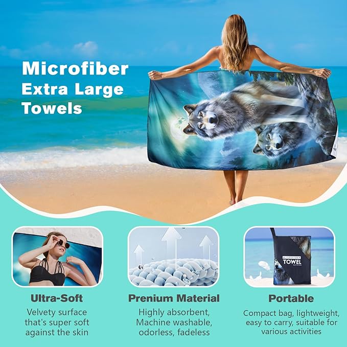 Moon Wolf Beach Towel Oversized 36" x 72", Thin Lightweight Sand Free Quick Dry Microfiber Towel for Swimming Pool Cruise Camping Travel