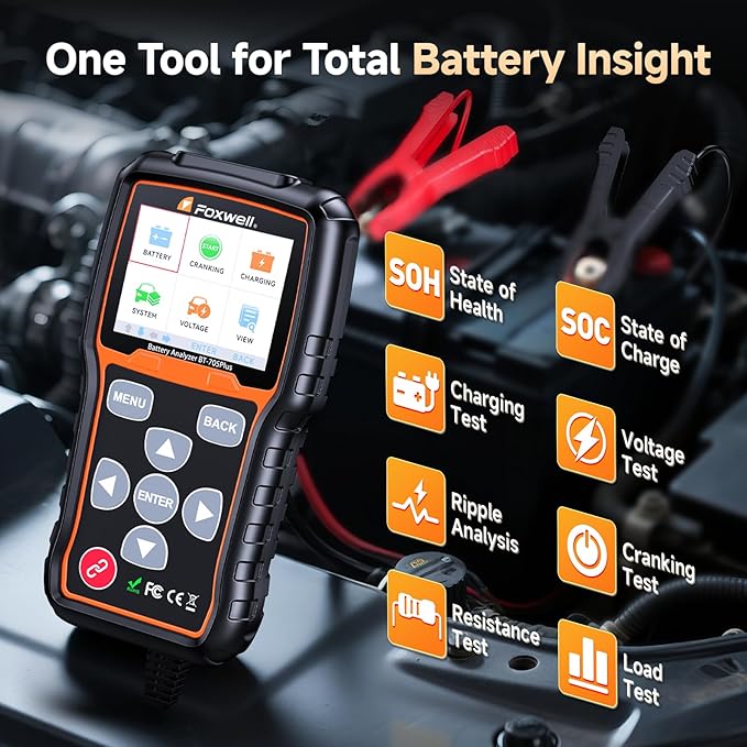 FOXWELL BT705 Plus Car Battery Tester 12V 24V Automotive, 100-2000CCA Battery Load Tester Digital Battery Analyzer Charging System Alternator Tester Cranking Checker for Car Heavy Duty Truck Marine