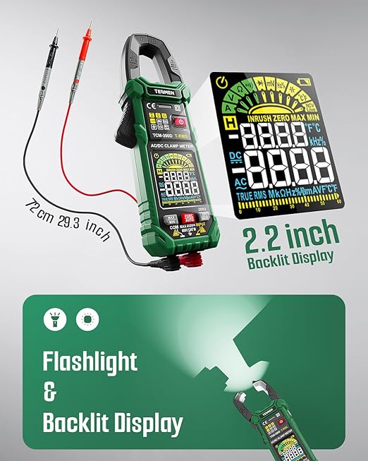 TESMEN TCM-300D Digital Clamp Meter, 6000 Counts Multimeter, Voltage Tester with AC/DC Current &Voltage, Auto-Ranging Voltmeter with Inrush Capacitance Resistance Diode Continuity NCV/Live Wire