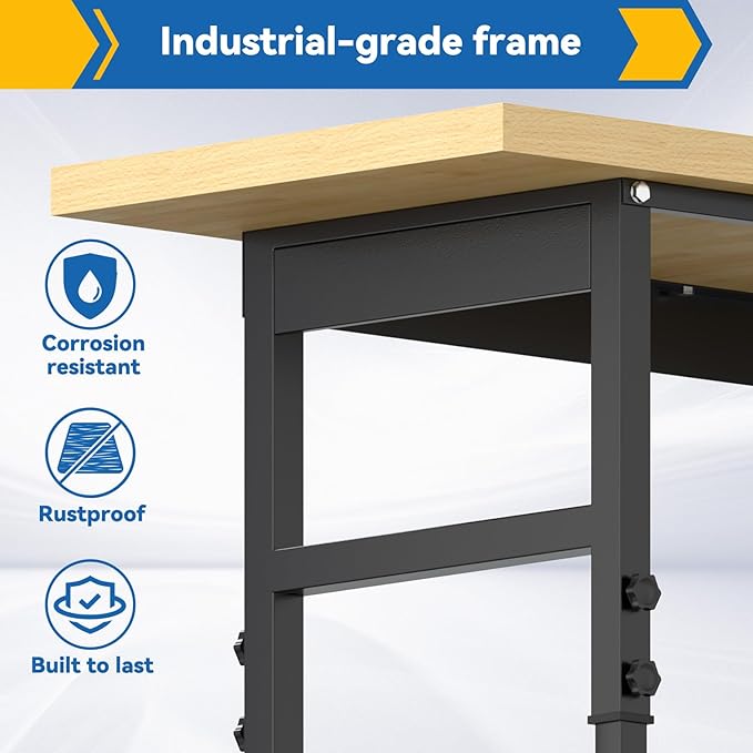 60'' Adjustable Workbench, Solid Wood Work Bench Table with Wheels and Power Outlet, Rolling Workbenchs with Drawers, Large Load Capacity Garage Workbench for Workshop,Office,Home