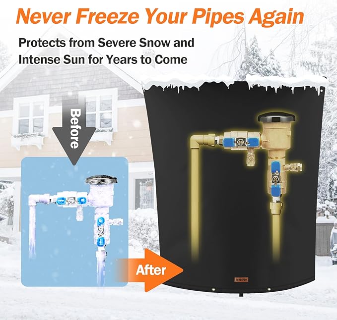 Backflow Preventer Pipe Insulation Cover (5°F) - Irrigation Sprinkler Valve Insulated Pouch - Water Well Pump Cover - Sturdy 5 Layers for Winter Freeze Protection, 26" W x 44" H, Black