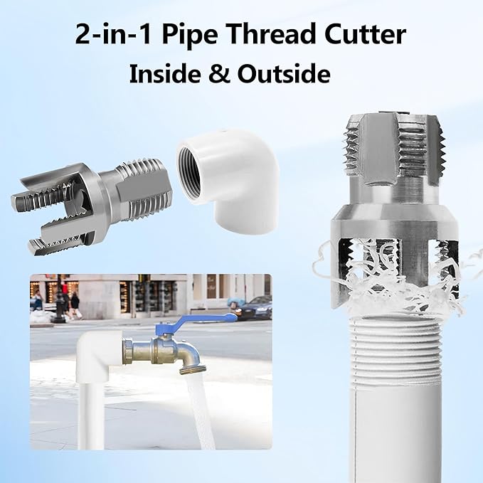 Integrated Internal & External Pipe Threading Tool, 1/2'' 1'' Dies, Dual-Function Pipe Thread Cutting Tool, Electric Drill Compatible Pvc Pipe Threader Kit for Home Repair