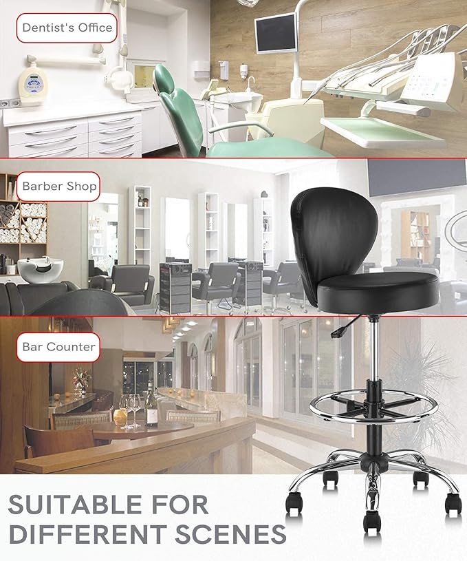 PVC Faux Leather Drafting Chair Rolling Swivel Salon Stool Seat Adjustable Height 30 Inch with Back Support Foot Rest Hydraulic Wide Seat Diameter 15 in for Tattoo Beauty Barber Lash