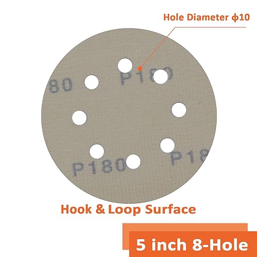 Orbital Sander Pads 5 Inch 8 Holes 180 Grit Sanding Disc,Hook and Loop Wet/Dry Gold Replacement Sandpaper,Suitable for Wood,Plastic Grinding and Polishing,Pack of 50