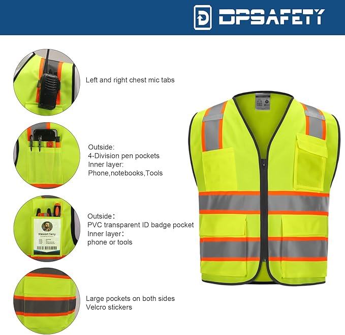 9 Pockets High visibility Class 2 Safety Vest，Hi Vis Vest with 2 inch wide Reflective Strips security vest with Zipper construction work vest for men &women Lime，Large