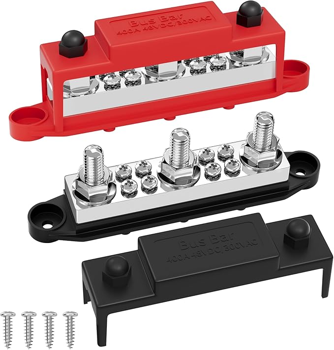 Joinfworld Power Distribution Block 400A Bus Bar 12V 48V with 3 x 3/8"(M10) Studs 12 Volt Automotive Marine DC Battery Busbar Terminal Block with Cover - Negative&Positive
