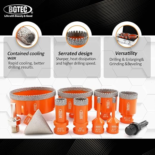 BGTEC Diamond Core Drill Bits-11PCS 5/8-11 Thread Tile Hole Saw 6/6/20/25/35/50/75/100mm+50mm Beveling Chamfer Bit+SDS/HEX Adapter for Pocelian Tile Ceramic Marble Granite Stoneware