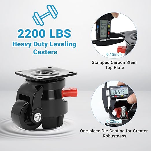 Nefish Heavy Duty Leveling Machine Casters 2200 LBS, Upgraded Ratchet Arm Design Leveling Retractable Castors Set of 4, Aluminum Base & Industrial Grade Rubber Workbench Caster for Industrial, Machine