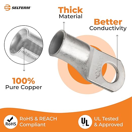 SELTERM 5pcs 3/0 AWG 1/2" Stud Tinned Copper Wire Lugs, Ring Terminals, Battery Cable Ends, 000 Gauge Ring Terminal Connectors, UL Marine Grade Electrical Terminal Connectors