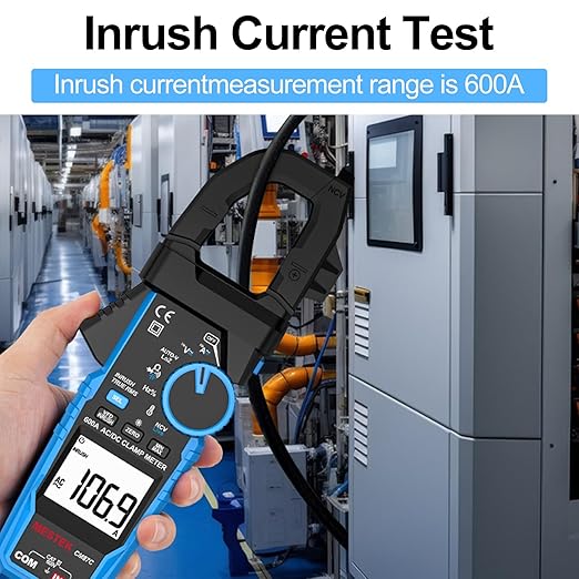 Digital Inrush Clamp Meter Multimeter, MESTEK T-RMS 6000 Counts 600A Current Amp Volt Meter with VFD,LOZ Mode; Measures NCV AC/DC Current Voltage Temperature Resistance Capacitance Continuity