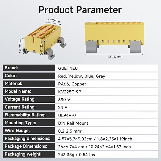4Pcs KV225G DIN Rail Terminal Blocks, 9-Pole 1 in 18 Out Push-in Wire Connector/Splitter, 690V 24A