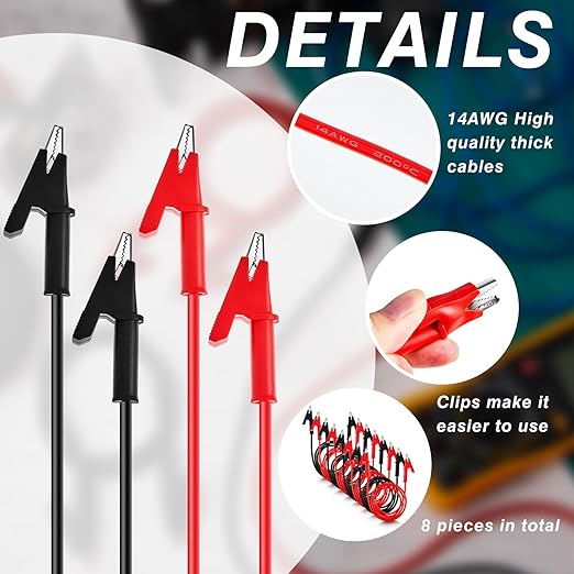Dunzy 8 Pcs 14 Gauge Jumper Wires Alligator Clips to Alligator Clip Electrical Test Wires Set Silicone Flexible Cable for Electrical Testing (3.3 Ft)
