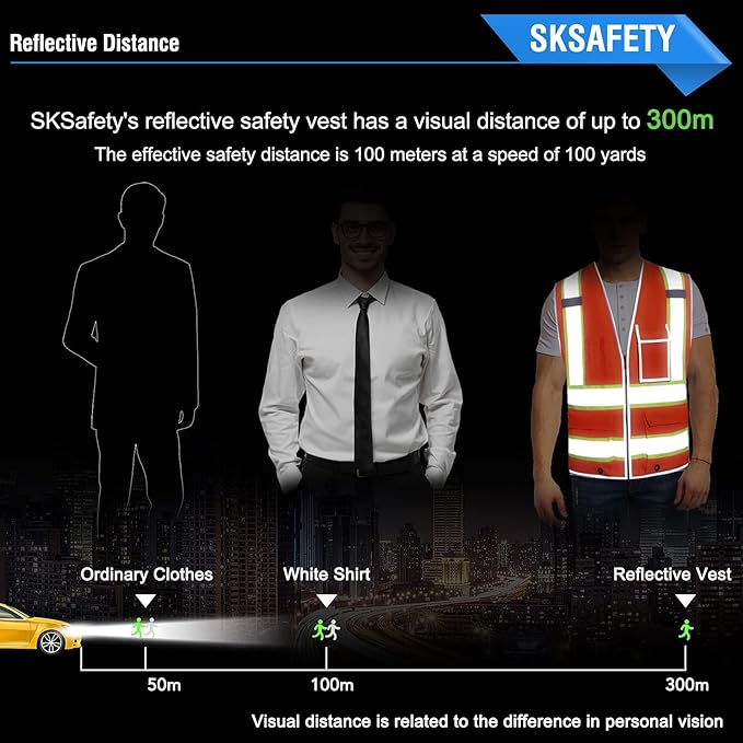 SKSAFETY 10 Pockets Safety Vest, Class 2 High Visibility Security with Zipper, Hi Vis Vest with Reflective Strips, ANSI/ISEA Standard, Construction Work Vest for Men ＆ Women （Orange, 2XL）