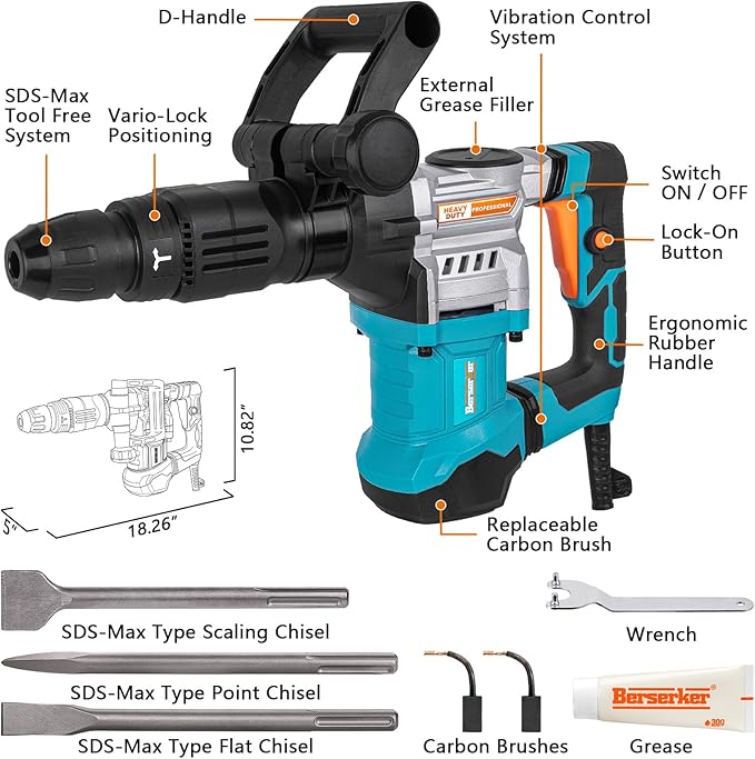 Berserker 1300W 16-Pound SDS-Max Demolition Jack Hammer, 1-9/16" 11-Amp Small Corded Electric Demo Chipping Hammer for Floor Tile Removal, Concrete Breaker with Carrying Case & 3 Chisels