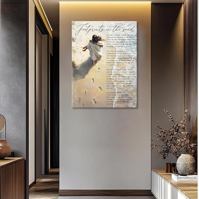 Jesus Footprints in the Sand Wall Art Jesus Holding Woman Painting Picture Wall - Image 3
